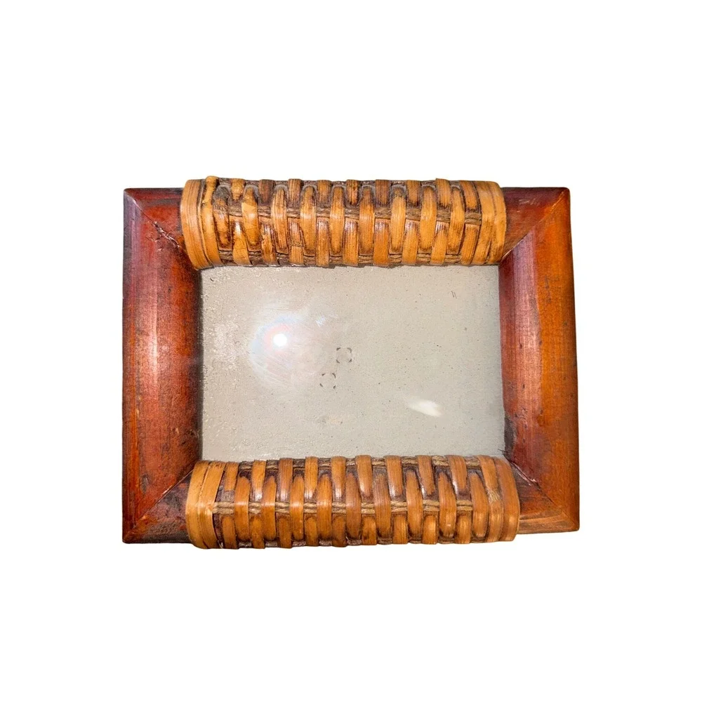 Vintage Boho Rattan and Wood 5x7 Picture Frame Coastal Mid Century Decor